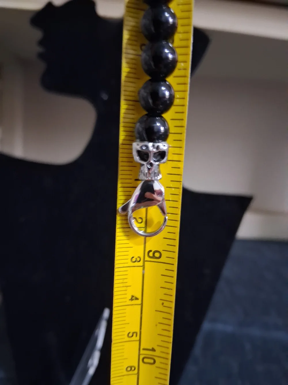 Gothic Unisex Onyx Beaded Bracelet Silver Skull Men's Signed HAN SS Biker